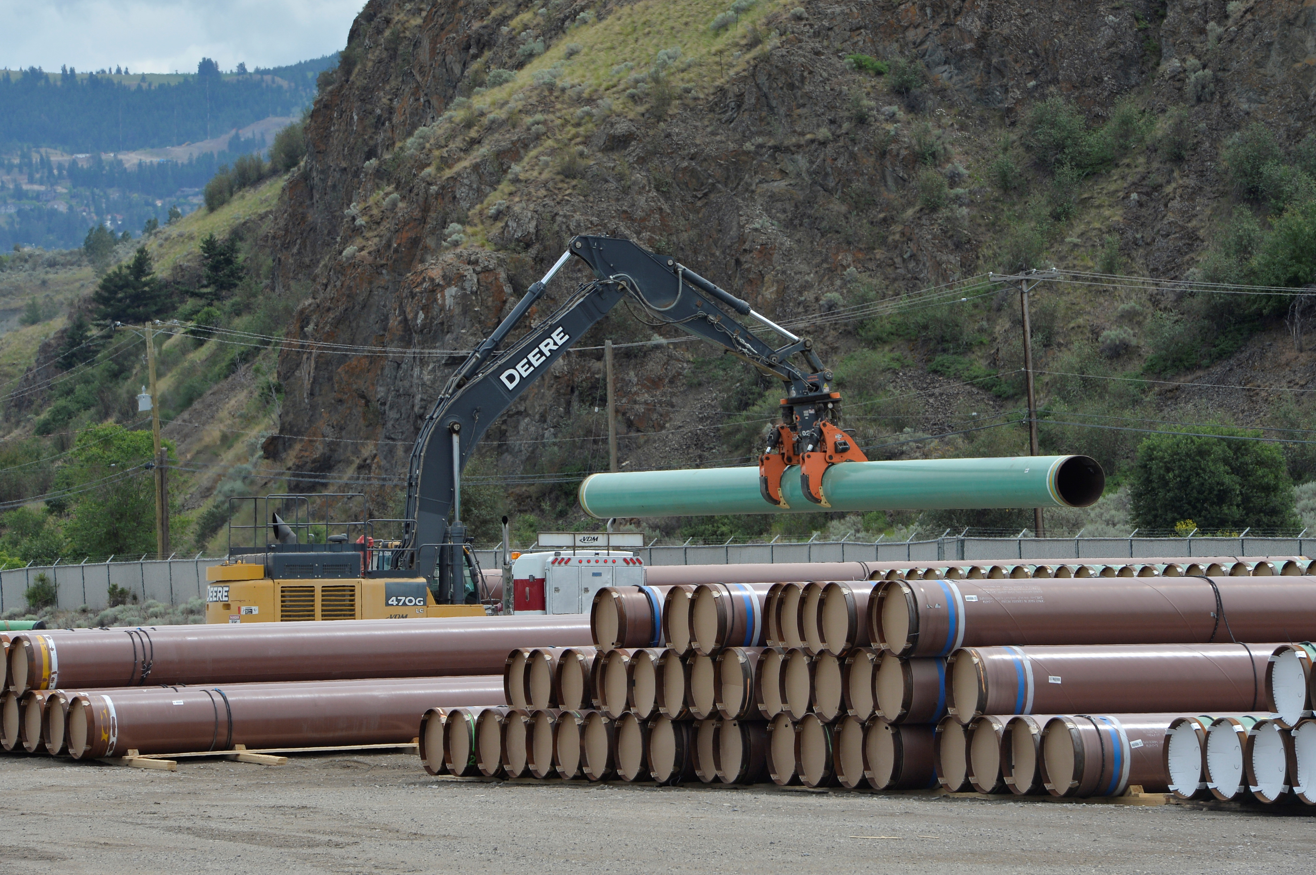 A pipe yard servicing government-owned oil pipeline operator Trans Mountain is seen in Kamloops