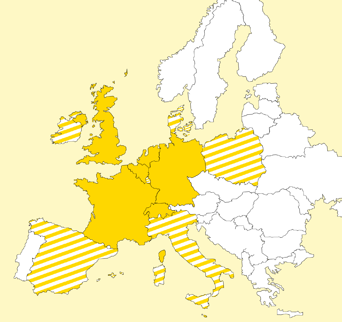 New markets map. Current countries in solid yellow. New countries in striped yellow.