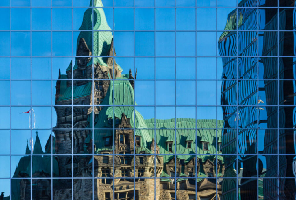 canadian parliament house reflections on building, ottawa, canada