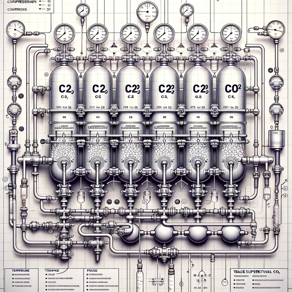 ChatGPT and DALL-E generated image of a schematic of a six stage CO2 compression device designed to produce supercritical CO2.