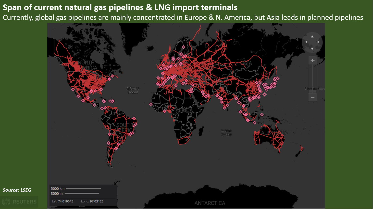 Span of current natural gas pipelines & LNG import terminals