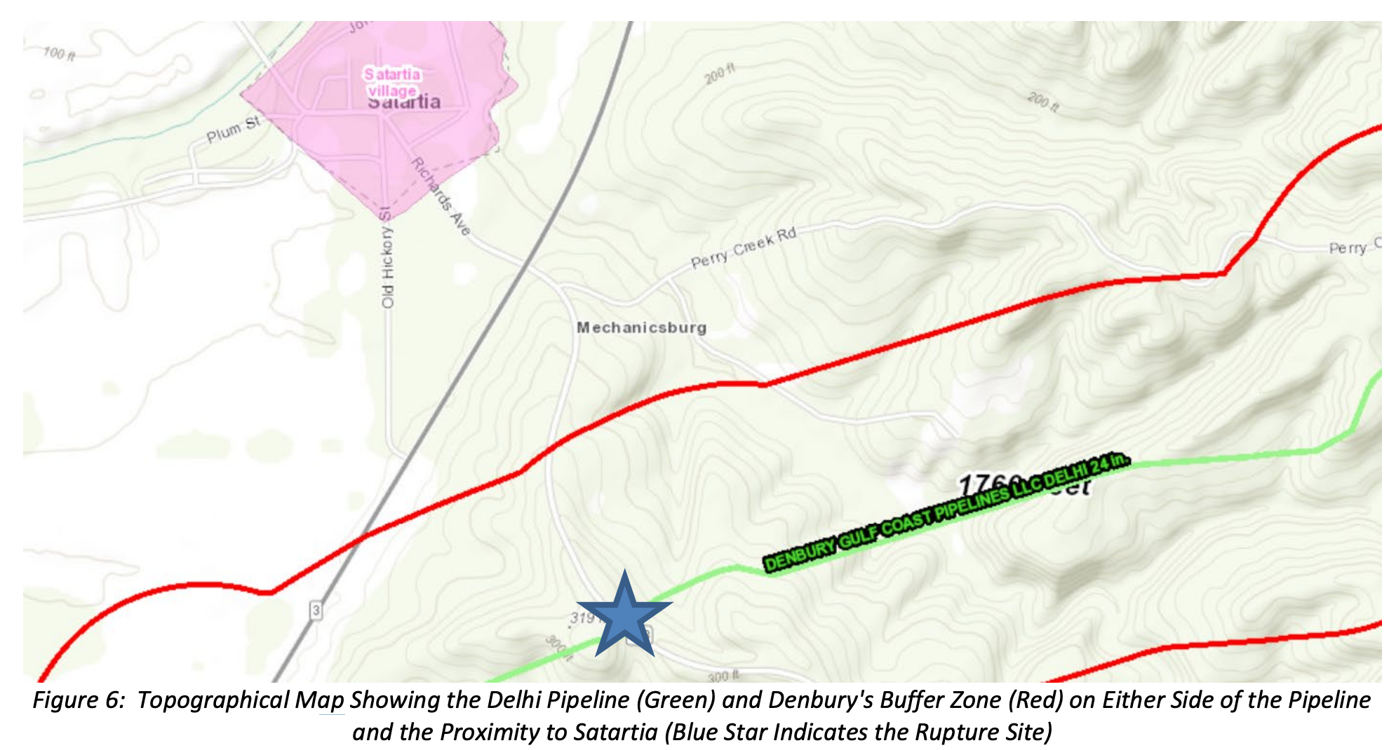 Relationship of carbon dioxide pipeline to village of Satartia Missippi courtesy US DOT