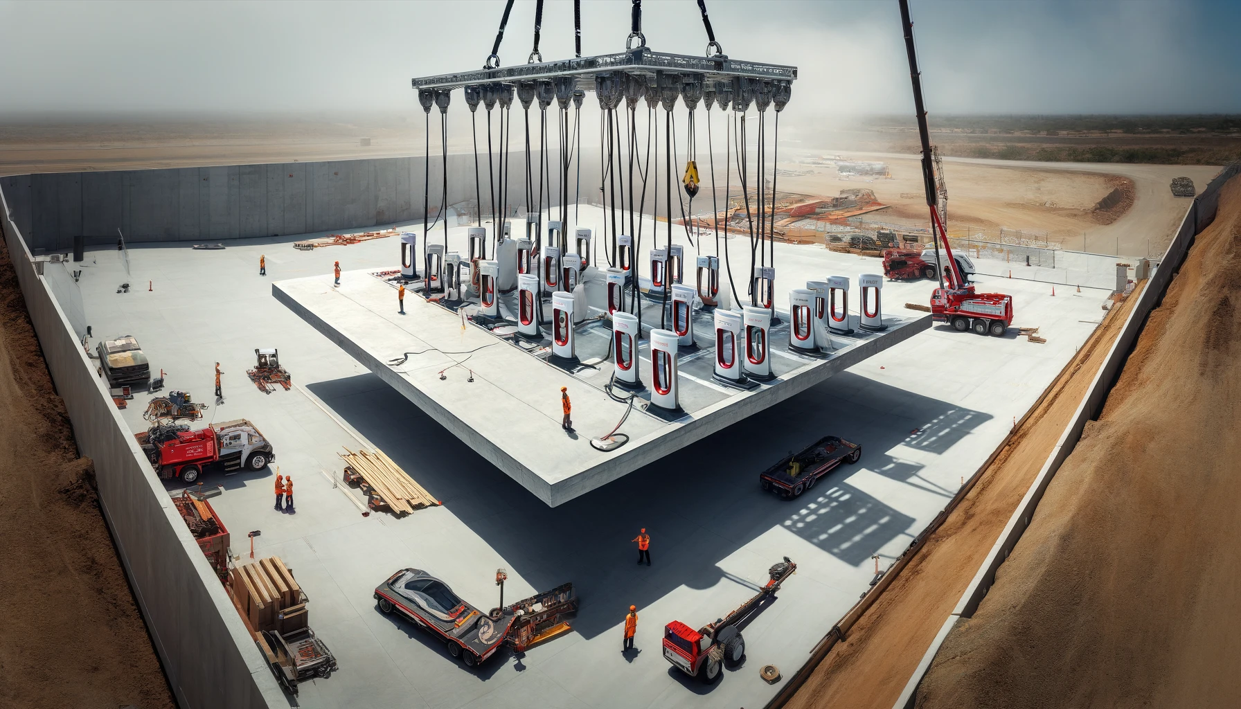 ChatGPT & DALL-E generated panoramic image of a set of Tesla Superchargers on a large concrete slab being lowered into place by a crane.