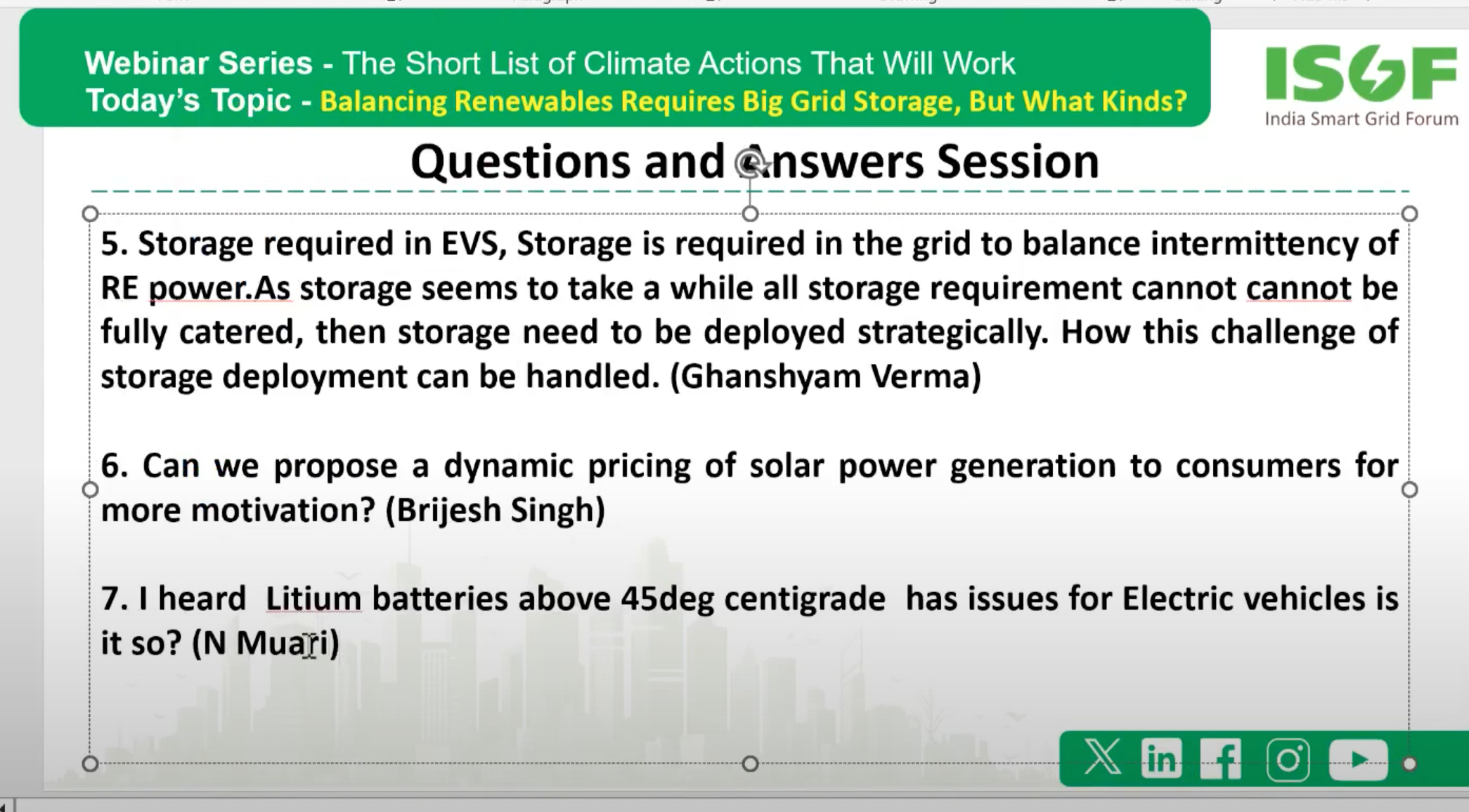 Questions from participants from Michael Barnard's seminar on grid storage through the Indian Smart Grid Forum