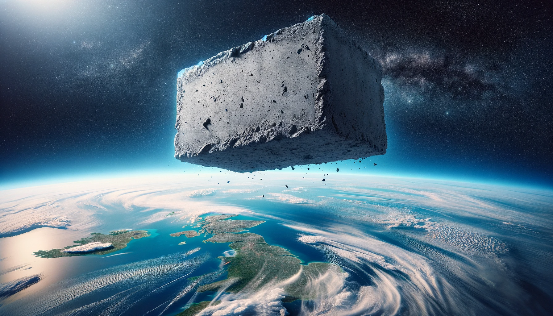 A panoramic image depicting a surreal scene where a large block of cement is hanging in mid-air above the Earth created by ChatGPT and DALL-E.