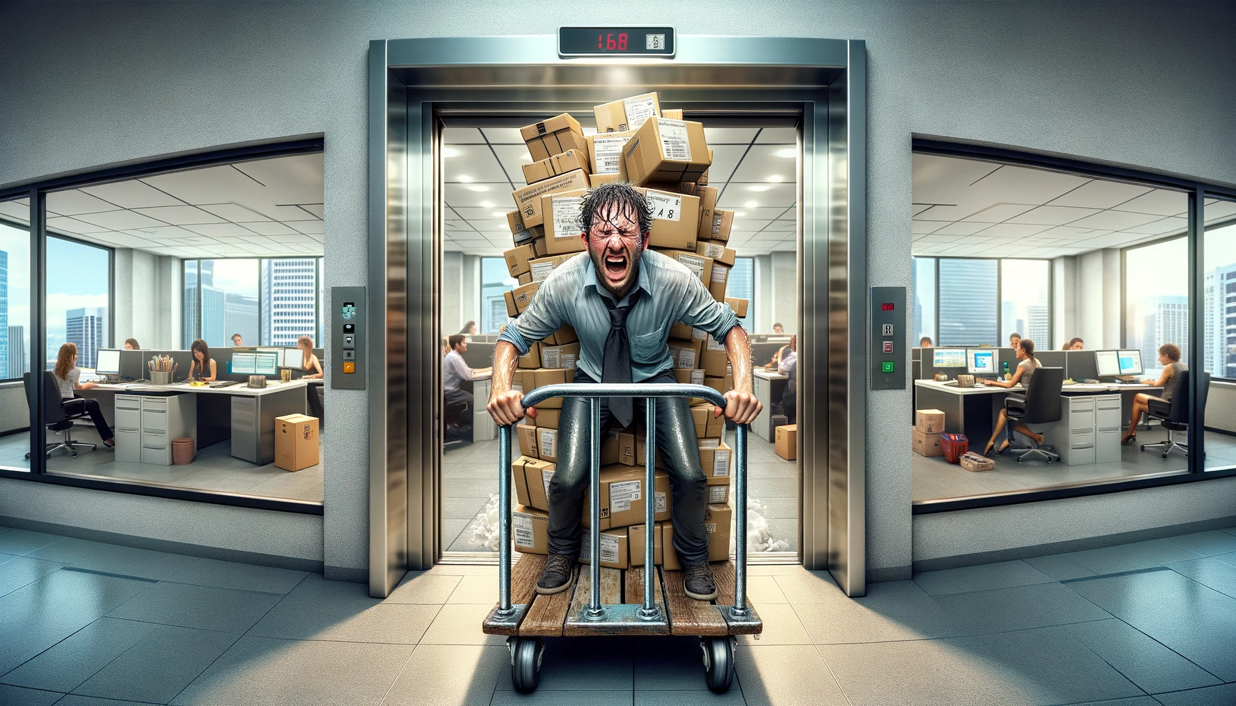 ChatGPT & DALL-E generated panoramic image of a sweaty and flustered office worker pushing a heavily laden dolly into a freight elevator.