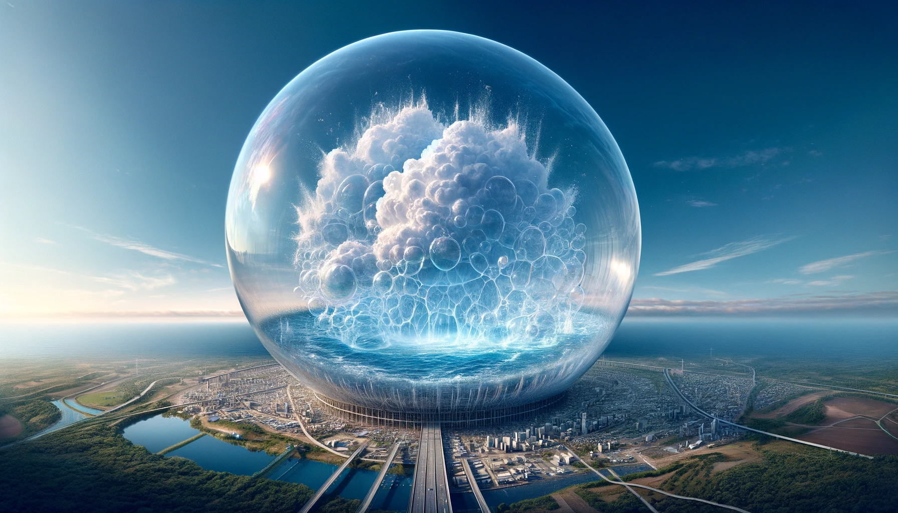 A panoramic image depicting a surreal scene of a gigaliter of water contained within a gigantic transparent bubble, suspended 400 meters above the ground created by ChatGPT and DALL-E.