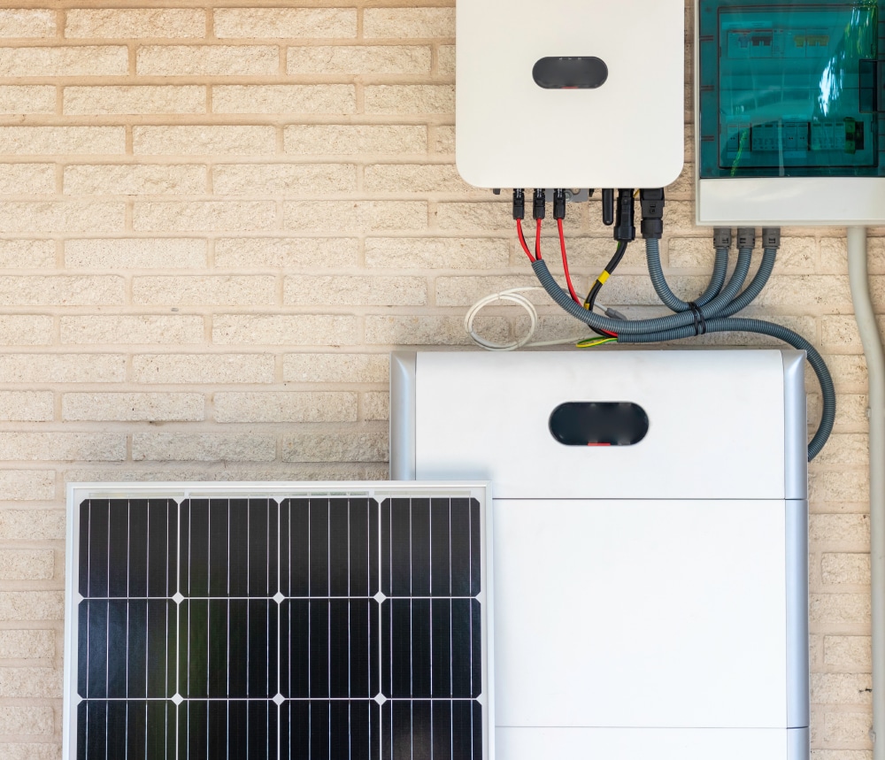 Front view of photovoltaic panel and battery instalation leaning on the beige white wall with no people renewable energy