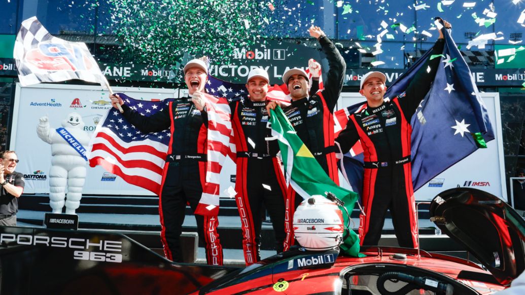 Porsche 963, Porsche Penske Motorsport (#7),Josef Newgarden (USA), Dane Cameron (USA), Felipe Nasr (BR), Matt Campbell (AUS) (l-r), IMSA WeatherTech SportsCar Championship, Race 1, Daytona, 2024, Porsche AG