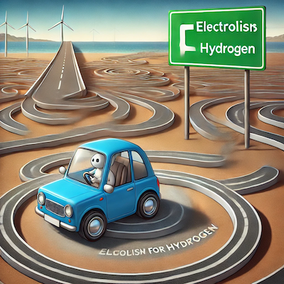 ChatGPT generated cartoon icon illustrating the analogy that electrolysis for hydrogen is like driving in circles when a more direct, efficient path is just ahead.