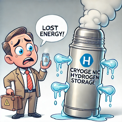 ChatGPT generated cartoon icon illustrating the inefficiency of cryogenic hydrogen storage, symbolized by a leaky thermos losing more energy than it saves.