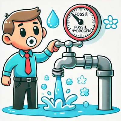 ChatGPT generated cartoon icon illustrating shifting from fossil hydrogen, symbolized by turning off a leaky tap to stop the flow of emissions.