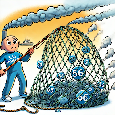 ChatGPT generated artoon icon illustrating blue hydrogen's carbon footprint, symbolized by a character holding a tangled fishing net with emissions slipping through the holes.