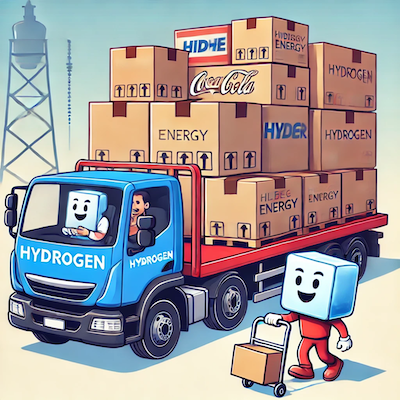 ChatGPT generated cartoon icon illustrating hydrogen as the middleman, symbolized by a character driving a truck delivering goods made by someone else.