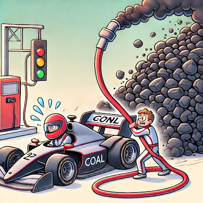 ChatGPT generated cartoon icon, illustrating that using hydrogen in existing engines is like trying to race a high-performance car while fueling it with coal.