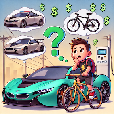 ChatGPT generated cartoon icon illustrating the concept that saying hydrogen is the cheapest way to decarbonize is like choosing a luxury car when a bicycle gets the job done faster and cheaper.