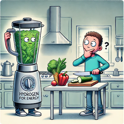 ChatGPT generated cartoon icon illustrating the analogy that using hydrogen for energy is like buying a fancy blender when a knife gets the job done quicker and cheaper.