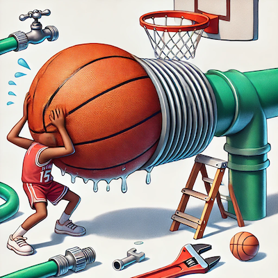 ChatGPT generated cartoon icon illustrating the difficulty of transporting hydrogen through old pipes, symbolized by a character attempting to force a basketball through a garden hose.