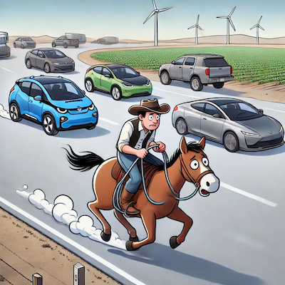 ChatGPT generated cartoon icon illustrating the inefficiency of hydrogen in transportation, symbolized by a character riding a horse while cars speed by effortlessly.