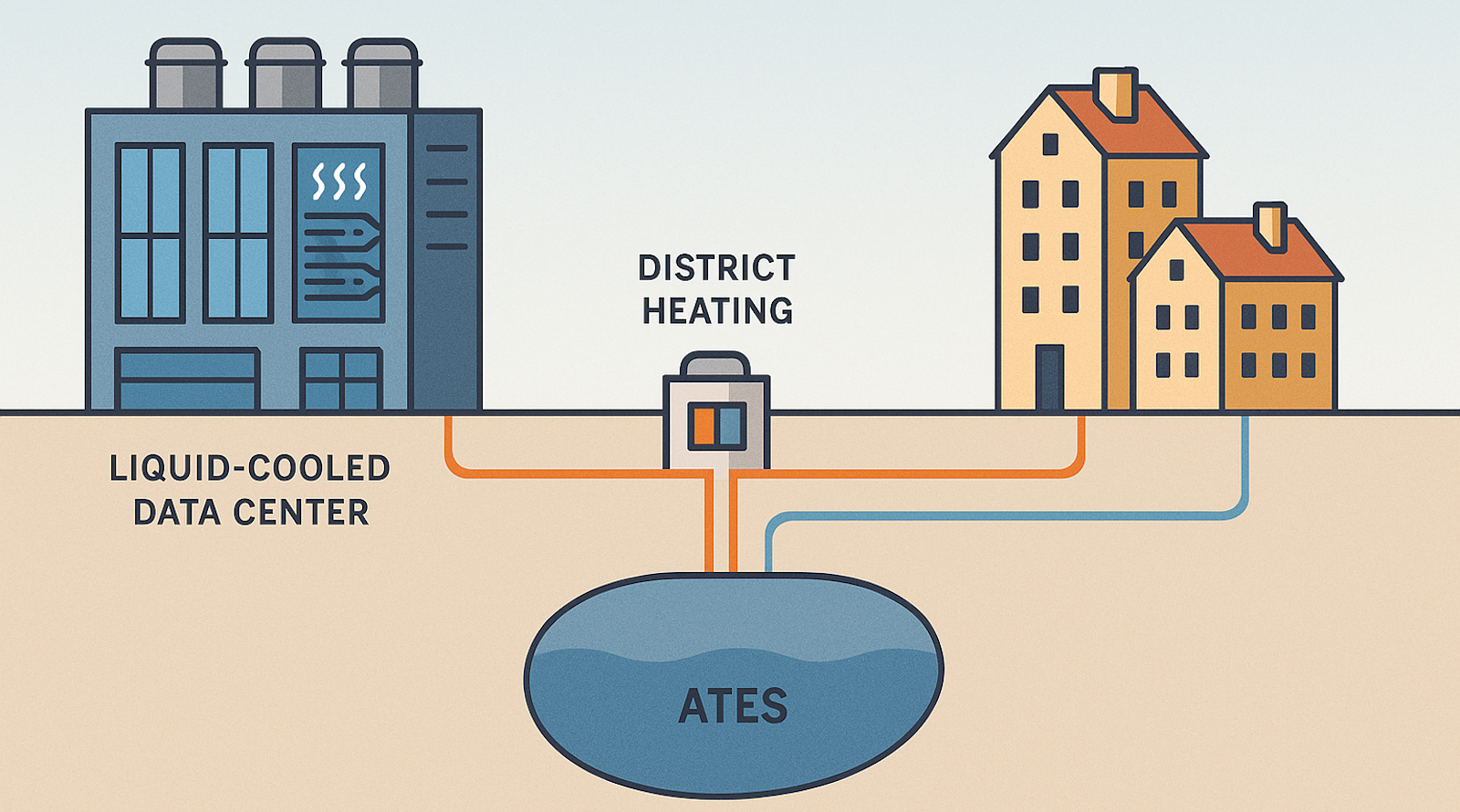 ChatGPT generated image of a liquid-cooled hyperscale data center supplying heat to a modern district heating network and an underground aquifer thermal energy storage (ATES) system, which in turn delivers stored heat back to nearby buildings. The panoramic infographic shows labeled hot and cold water loops, illustrating continuous heat recovery and seasonal storage