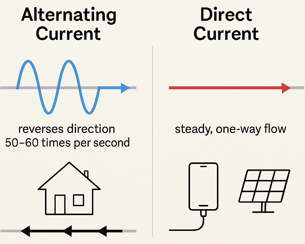 ChatGPT generated infographic comparing alternating current and direct current, showing AC’s oscillating waveform and DC’s steady one-way flow with everyday examples