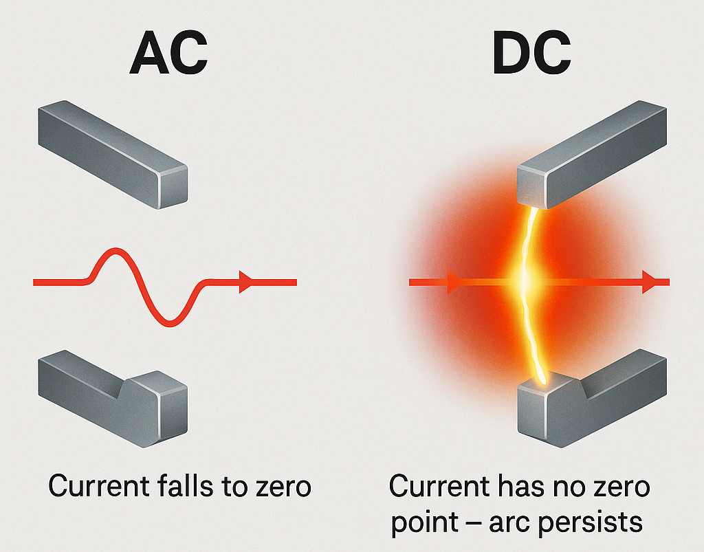ChatGPT generated infographic comparing AC and DC circuit interruption, showing how AC current naturally falls to zero while DC maintains a continuous arc