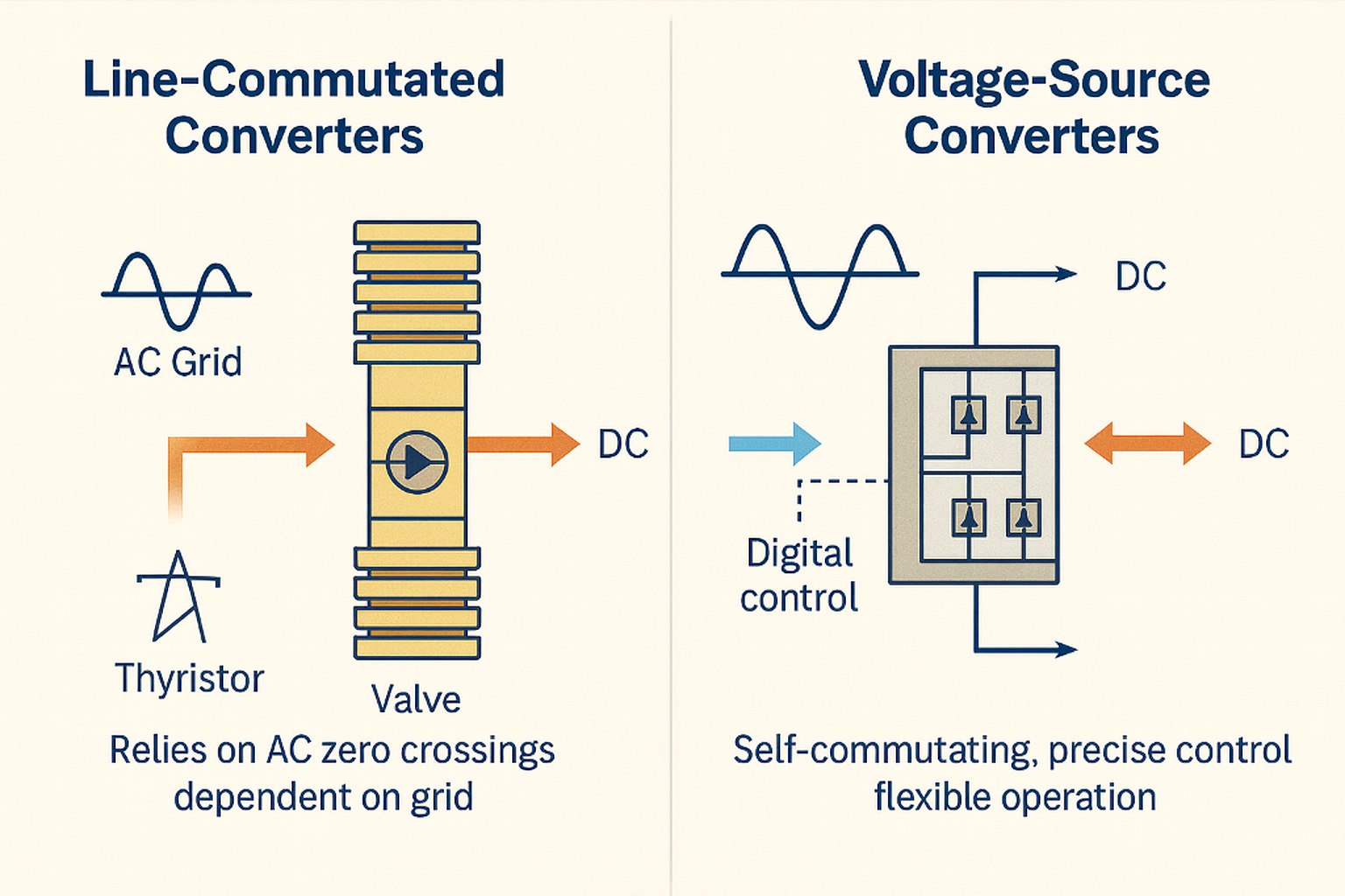 ChatGPT generated infographic comparing Line-Commutated Converters and Voltage-Source Converters, showing how LCCs rely on AC zero crossings while VSCs use precise digital control