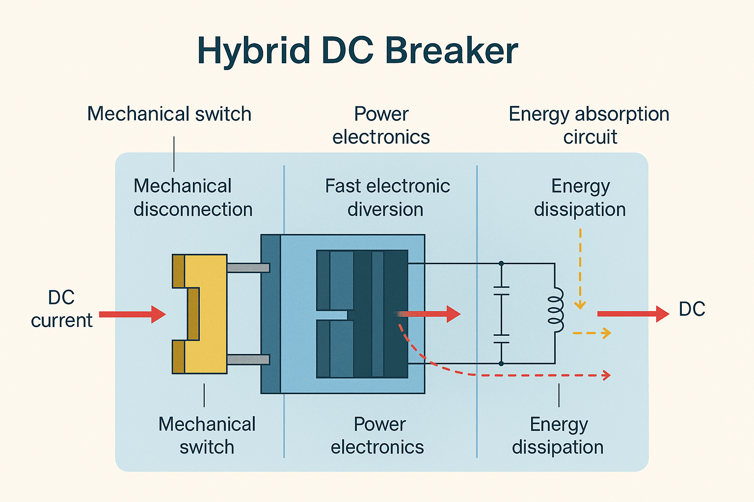 ChatGPT generated infographic explaining ABB’s hybrid DC breaker, a DC-to-DC system that combines electronic speed and mechanical strength to safely interrupt high-voltage direct current