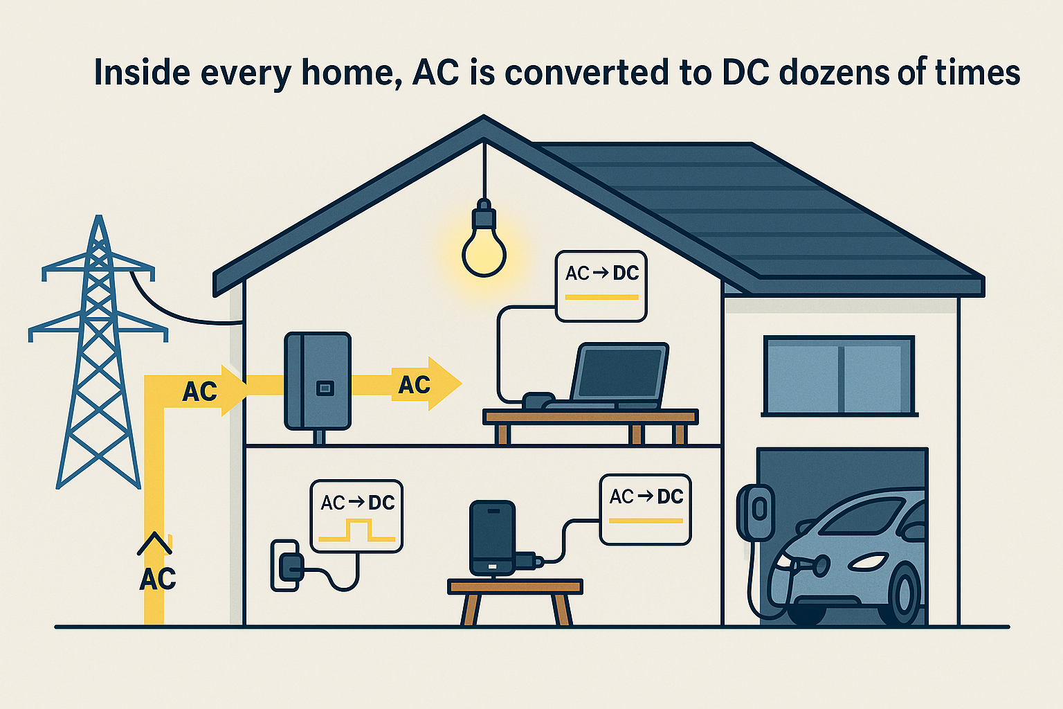 ChatGPT generated infographic illustrating how AC power from the grid is repeatedly converted to DC inside homes, powering laptops, phones, LEDs, and electric vehicles