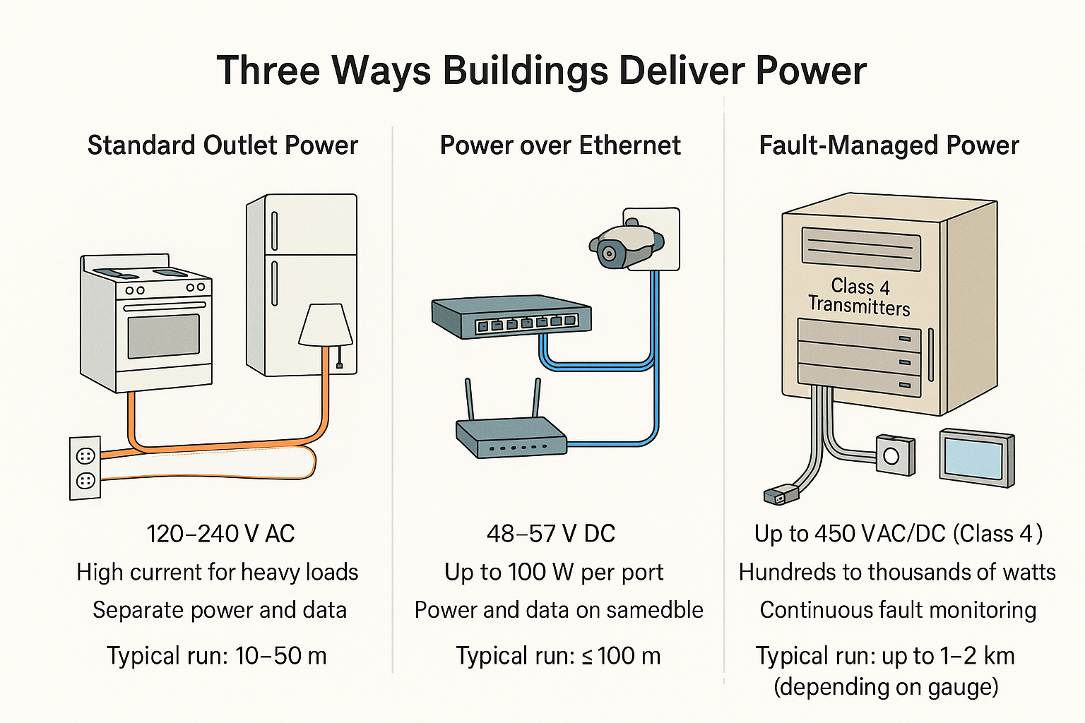 ChatGPT generated – Comparison of standard AC, PoE, and FMP power distribution systems