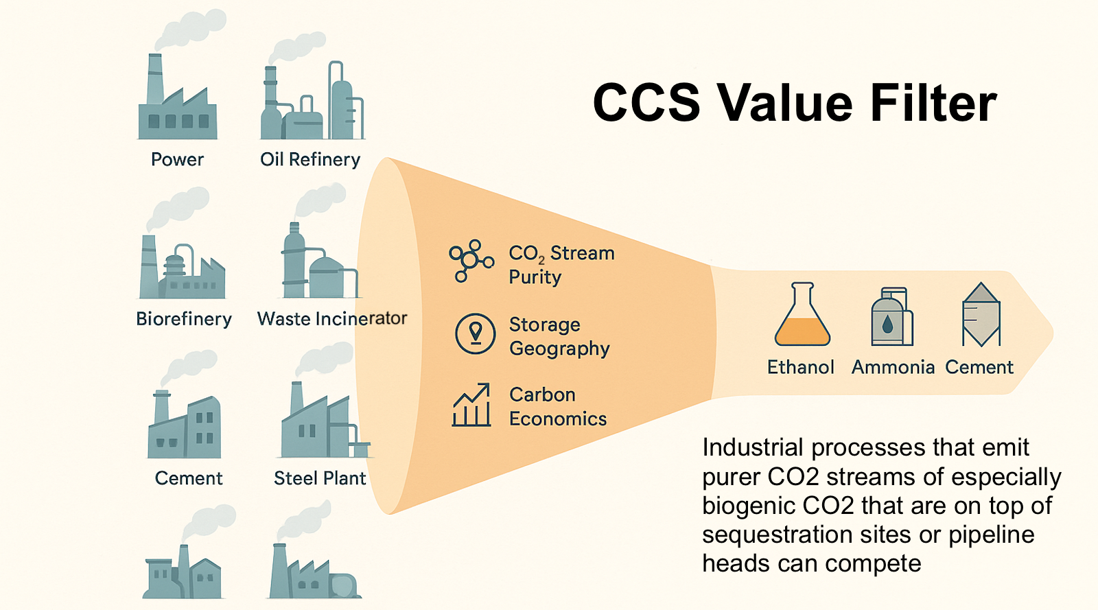 ChatGPT generated panoramic infographic showing how most CCS concepts fail the purity, proximity, and economics filter, leaving only a few viable industrial niches