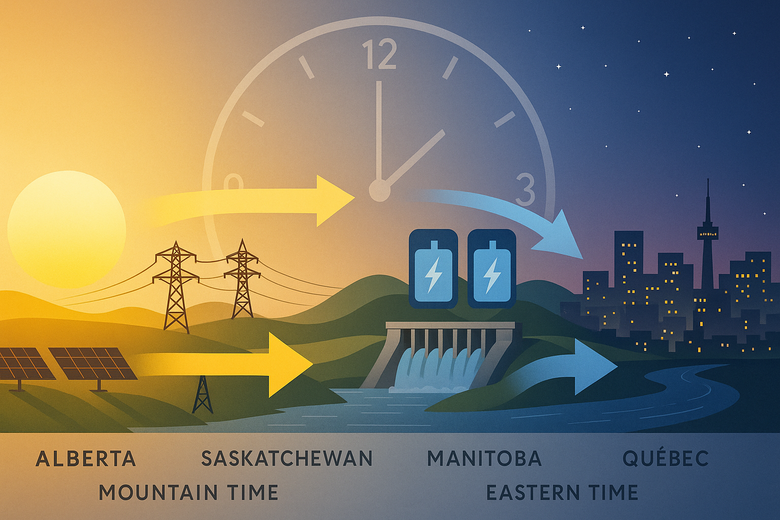 ChatGPT generated panoramic visualization showing solar generation in the west supporting evening demand in the east through HVDC links